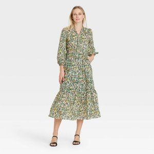 Women's Green Floral Balloon Long Sleeve Dress *NEW*
